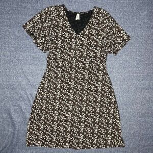 Pact Fit and Flare Dress Organic Cotton Floral Crossover V-Neck Brown Medium